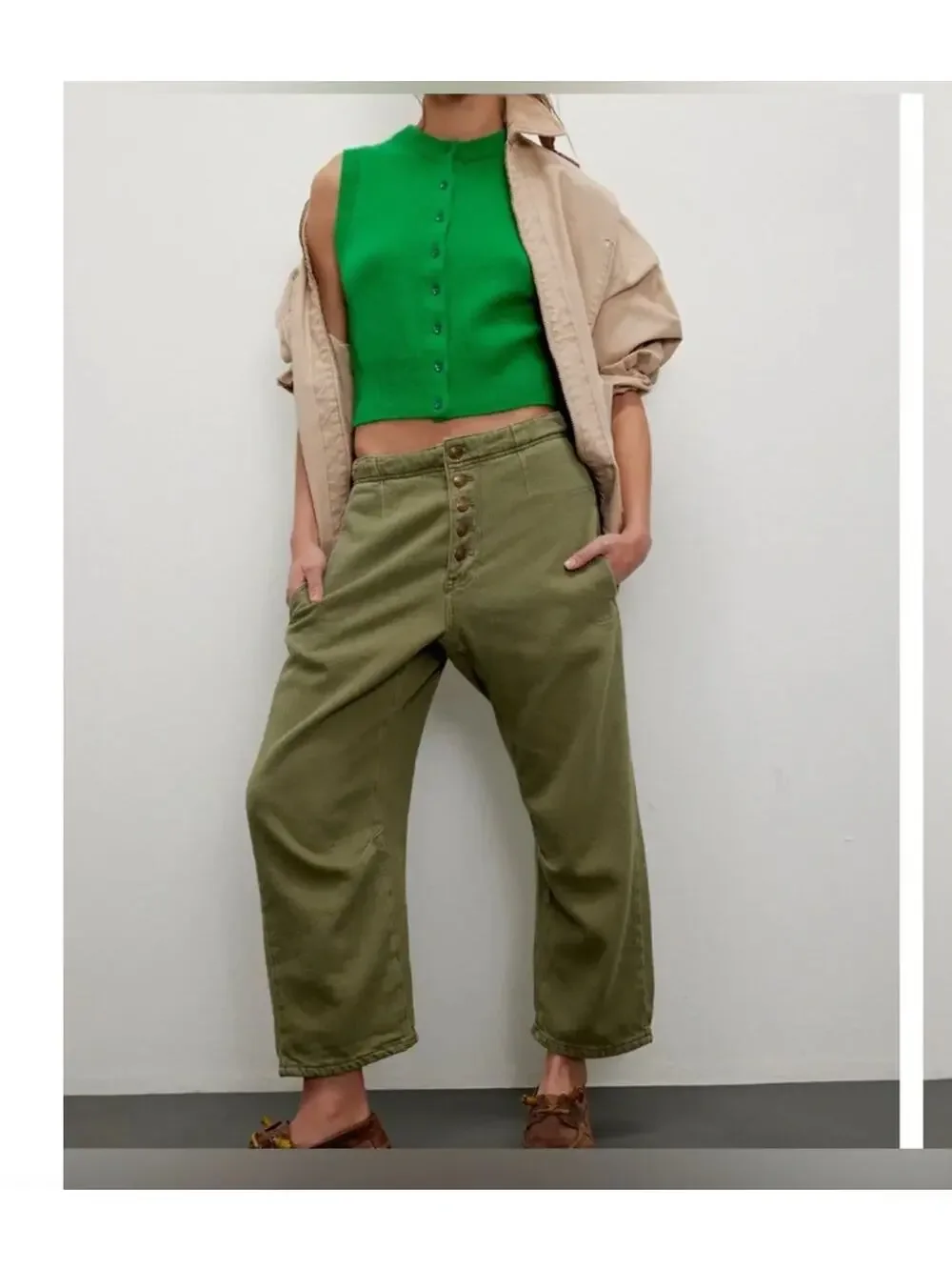 Free People We The Free Osaka Barrel Mid Rise Barrel Pants Olive Green Size 27